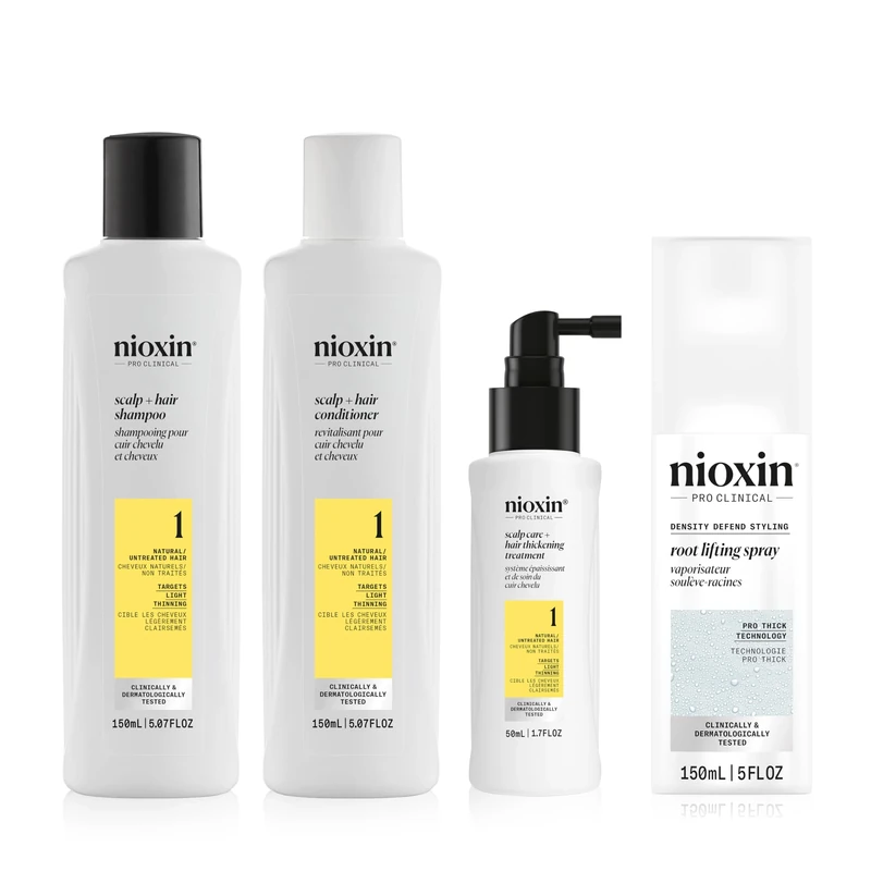 Nioxin Hair Thickening & Volumising Bundle – System 1 Shampoo, Conditioner & Scalp Treatment + Density Defend Hair Spray with Peppermint Oil for Natural Hair with Light Thinning (150+150+50ml+150ml)