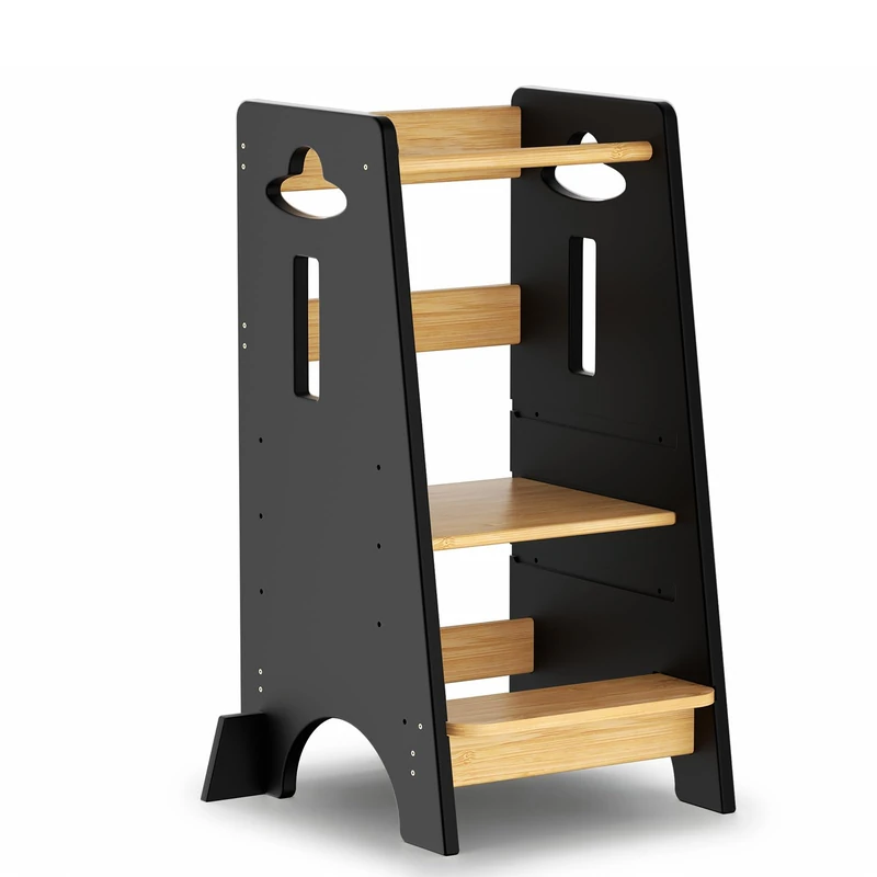 COSYLAND Learning Tower for Children - Wooden Learning Tower for Babies from 1 to 6 Years - Height Adjustable in 3 Levels - 80CM - Classic and Natural Black