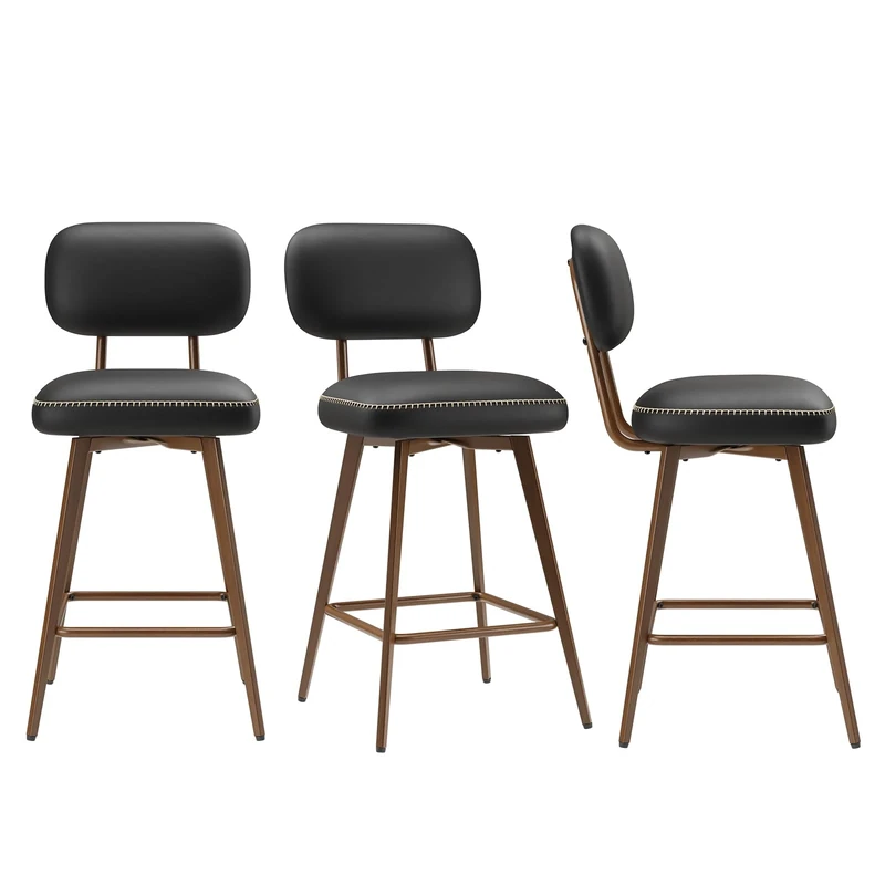 COLAMY Breakfast Bar Stools Set of 3, Modern Swivel Kitchen Stool, Adjustable Upholstered Barstools Counter Height with Square Open Back for Bar Kitchen Island, Dining Room, Black