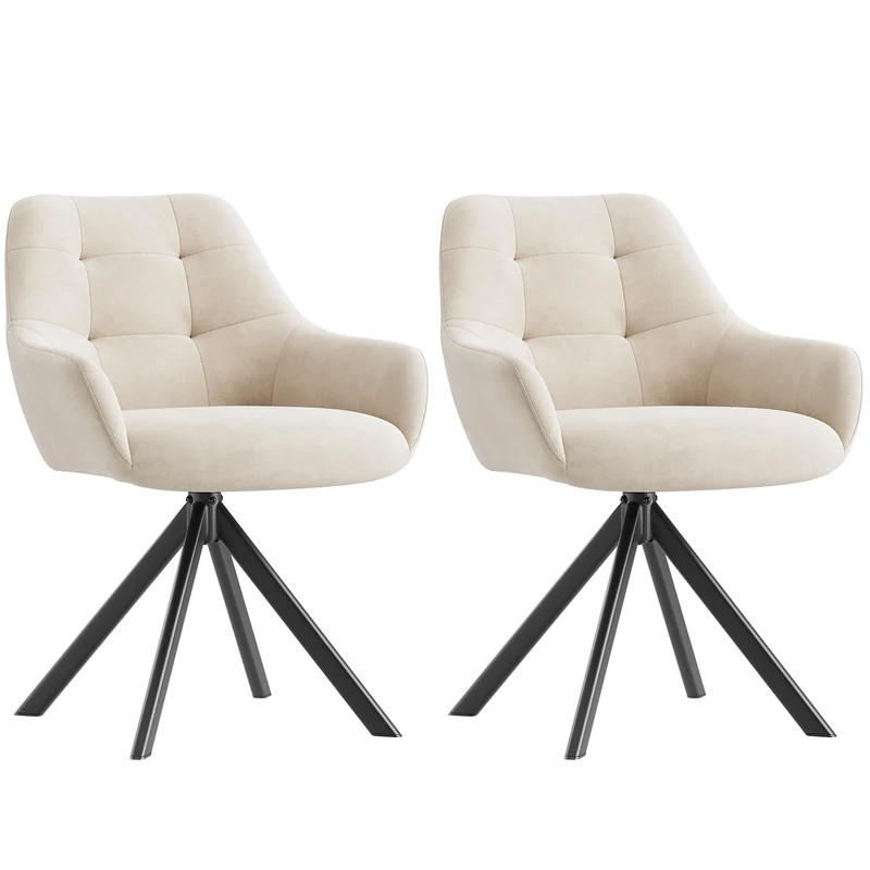 COLAMY 360° Swivel Dining Chairs Set of 2 with Sturdy Metal Base – Luxury Velvet Upholstered Kitchen Chairs with Thick Padded Seat, Button-Tufted Backrest for Home, Dining Room, or Café,Beige