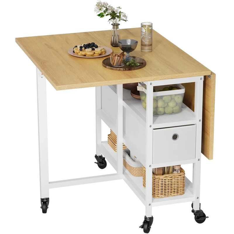YITAHOME Folding Dining Table, Mobile Drop Leaf Table with 6 Wheels & Storage Drawers for Small Spaces, Kitchen, Dining Room, Yellow Oak and White