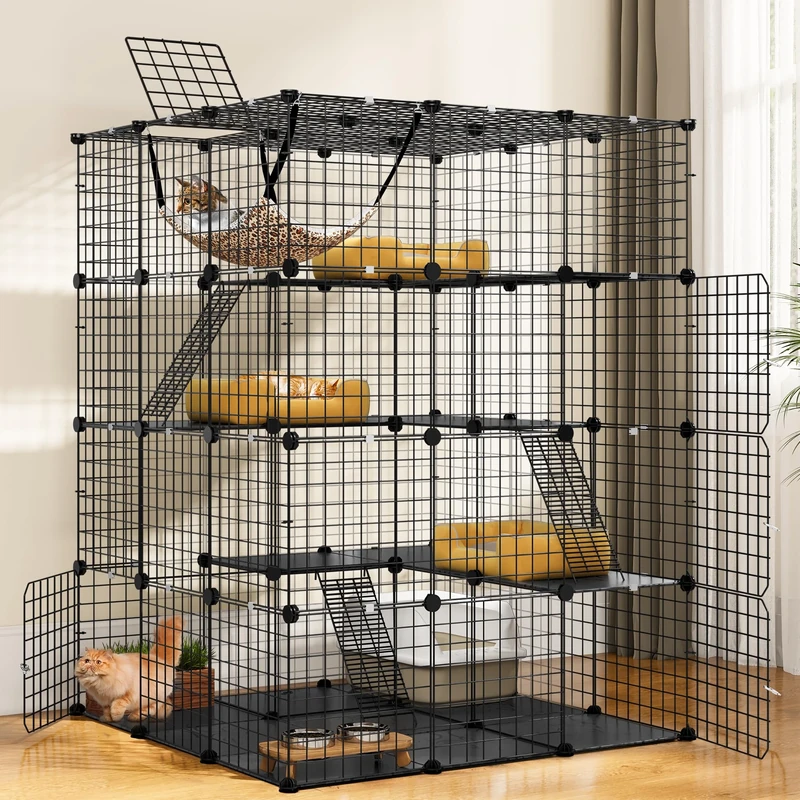DWVO 4-Tier Cat Cage & Playpen with Hammock, Large 105x105x140cm Indoor/Outdoor Enclosure for 1-4 Cats, Multi-Level DIY Kennel, Detachable Metal Wire Kennel Cats Crate