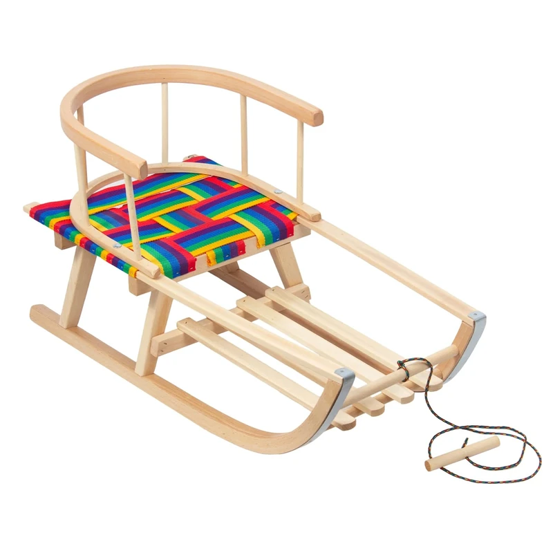 GreenBlue Natural Wood Sledge Snow Fun Sledge Whole Wood Version Or With Fabric Upholstery + Pulling Rope + Skids With Metal Plate (Wooden sled, backrest, fabric seat)