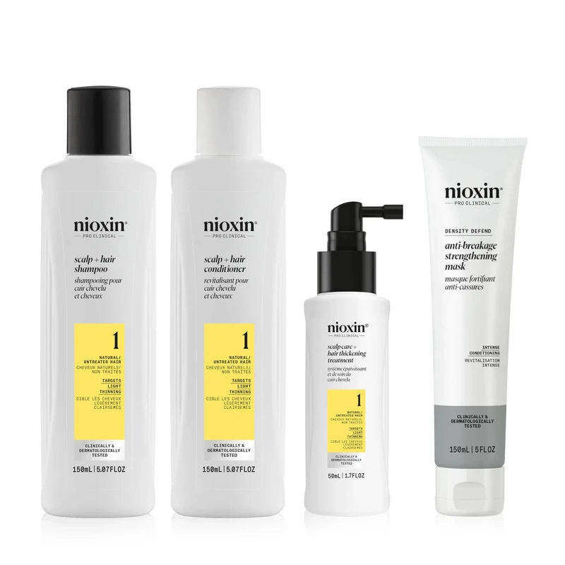 Nioxin Hair Thickening & Anti-Breakage Bundle – System 1 Shampoo, Conditioner & Scalp Treatment + Density Defend Hair Mask with Vitamin C for Natural Hair with Light Thinning (150+150+50ml+150ml)