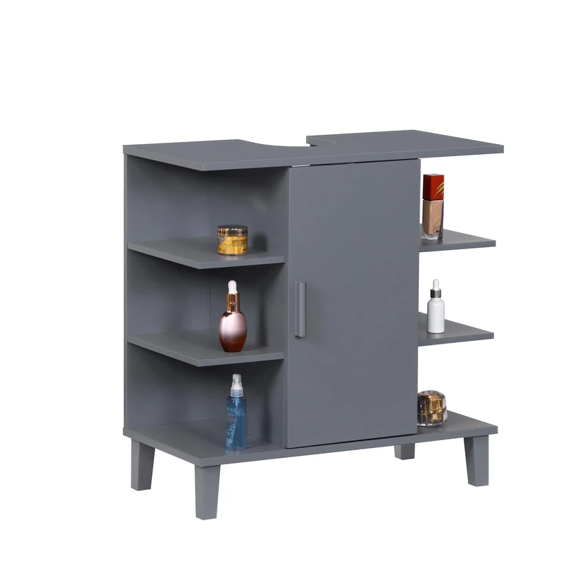 Relaxdays bathroom cabinet with door and 6 shelves, HWD: 65x64x31 cm, MDF, washbasin storage, blue-grey