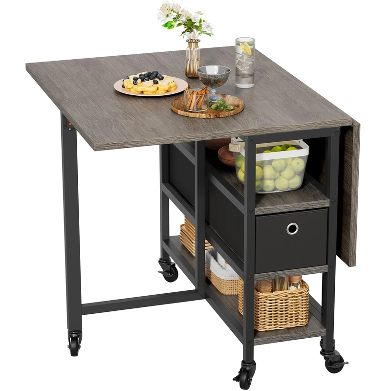 YITAHOME Folding Dining Table, Mobile Drop Leaf Table with 6 Wheels & Storage Drawers for Small Spaces, Kitchen, Dining Room, Grey Oak and Black