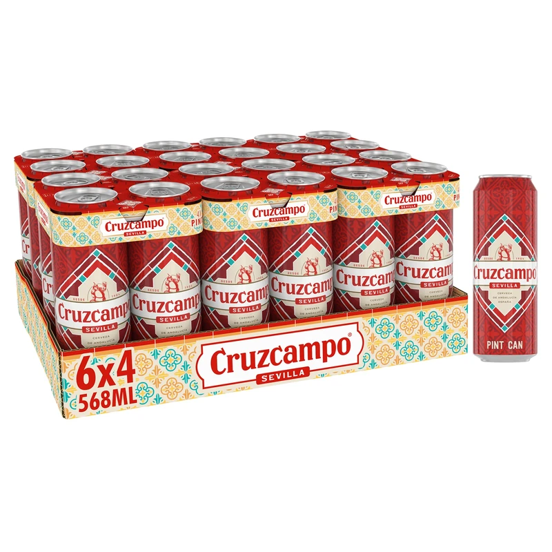 Cruzcampo Spanish Lager, Premium Andalusian Beer, 4.4% ABV, 1 pack, 6 x (4 x 568ml) Cans, Smooth and Refreshing Mediterranean Lager