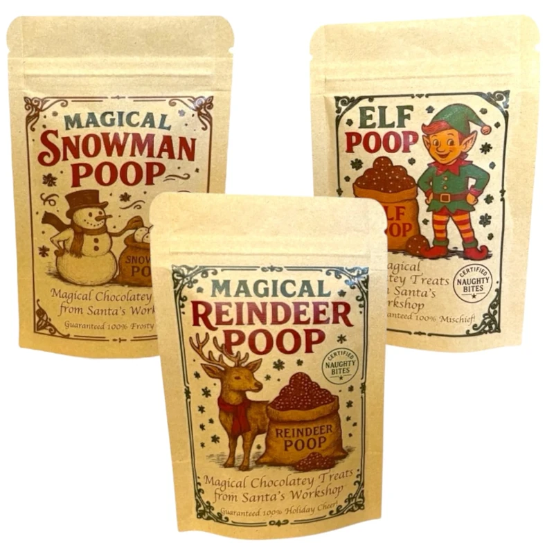 ButtonChocs Magical Poop Collection – Reindeer, Snowman & Elf Poop – 3 Festive Chocolatey Candy Pouches – Fun Christmas Letterbox Gift Set, Ideal Stocking Filler & Secret Santa Novelty Gift
