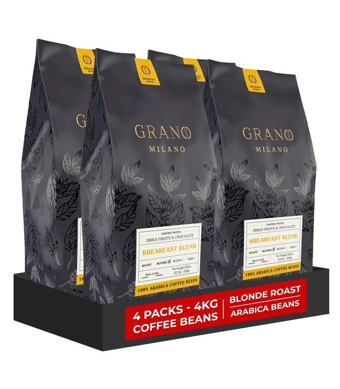 Grano Milano Coffee Beans 4kg Breakfast Blend 100% Arabica, Blonde Roast Intensity 2/5, Made in Italy