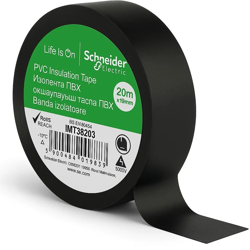 Schneider Electric Premium PVC Electrical Tape Black 19mm x 20m – Fire Retardant Insulation Tape for Wiring, Repairs & Cable Protection - Electrical Maintenance (IMT38203). 1 x Roll.