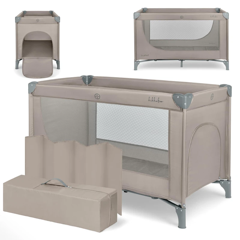 KikkaBoo SO GIFTED 2026 Camping Bed, Travel Bed, 120 x 60 cm, up to 15 kg, Foldable, Portable and Compact, Carry Bag, Dark Beige