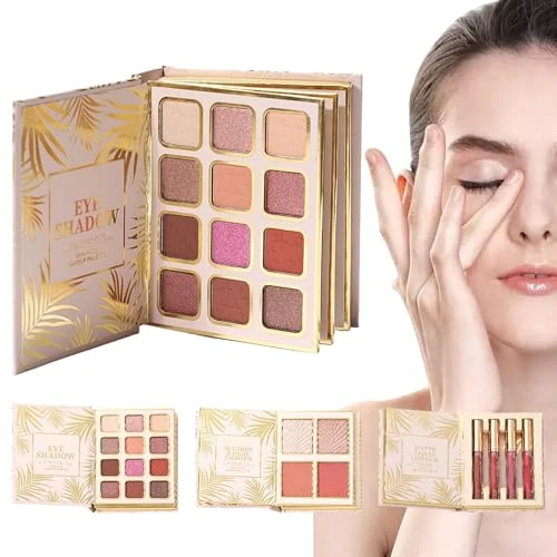 Makeup Book Palette,12 Colors Eyeshadow Makeup,Eyeshadow Palette with 4 Blush and 4 Liquid Lipstick - for Travel Beauty Stage Photography