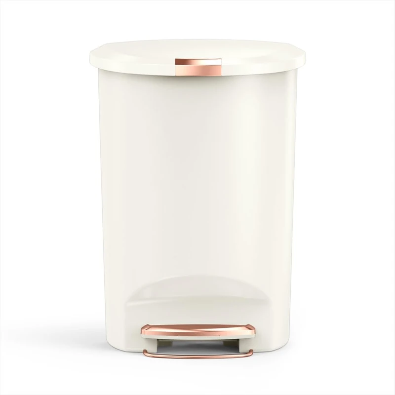 simplehuman Semi-Round Pedal Bin, 50L Kitchen Bin, Studio Edition, Pet-Proof Slide Lock, 150,000-Step Pedal, Lid Shox® Silent Close, Cream Plastic