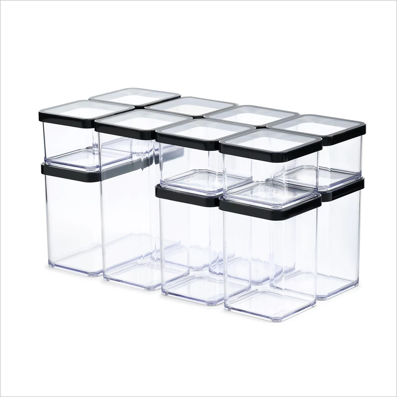Rotho Loft Set of 12 Storage Jars with Lids, Stackable, Aroma-Proof, Dishwasher Safe, 40 x 20 x 21.4 cm