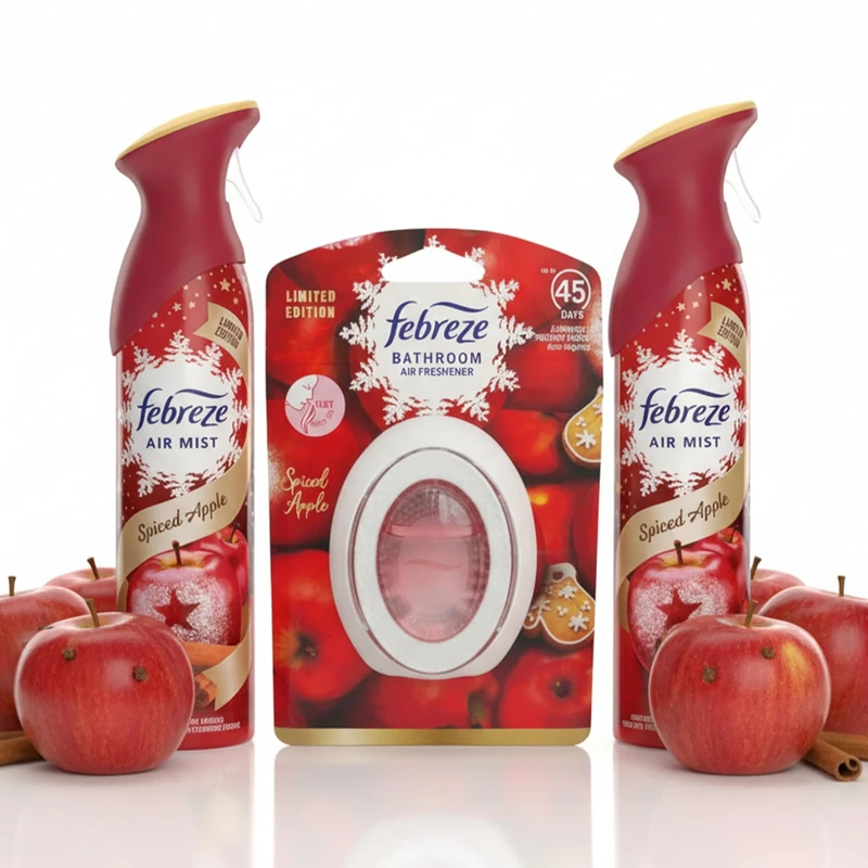 Febreze Spiced Apple Air Freshener Set – Air Mist 2x185ml & Bathroom Freshener 1 Pack – Eliminates Odours – Long Lasting Festive Scent – Holiday Home & Bathroom Air Care Set