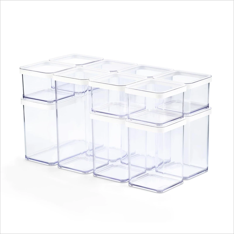 Rotho Loft Set of 12 Storage Jars with Lids, Stackable, Aroma-Proof, Dishwasher Safe, 40 x 20 x 21.4 cm (Transparent/White)