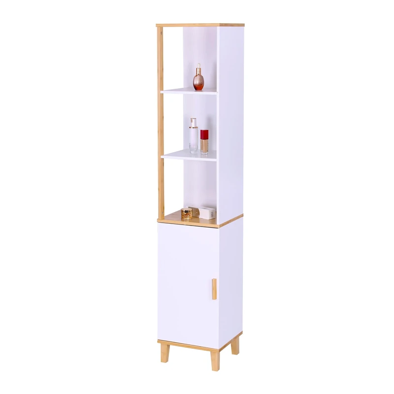Relaxdays bathroom cabinet with door, HWD: 169x33x31 cm, 5 shelves, bamboo, MDF, tall, slim, white/natural - Image 1