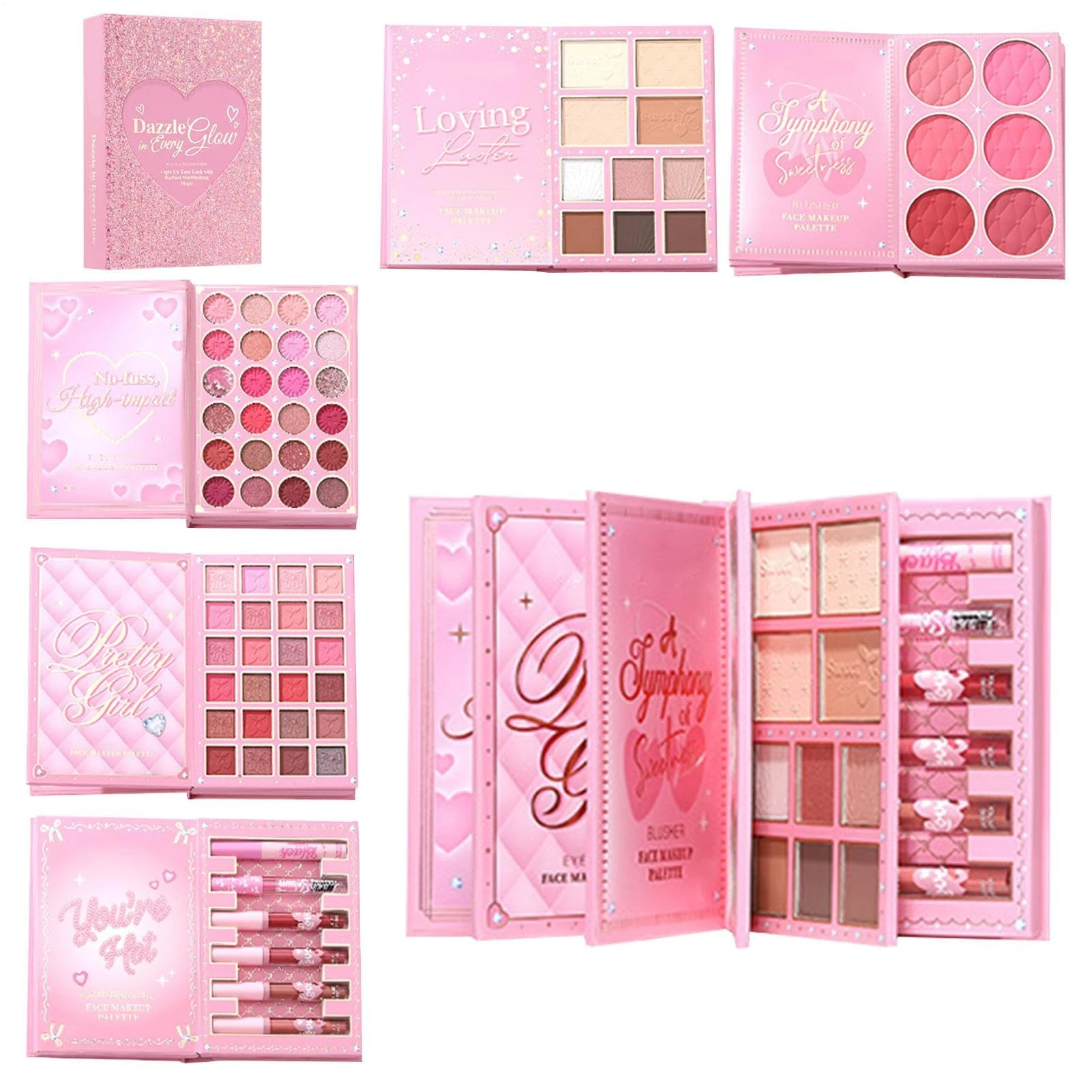 Travel Makeup Palette - Book-Style Long Lasting Eyeshadow - Shimmer Eyeshadow with Blush, Highlighter and 6 Lip Gloss - for Women Girls Travel Party Daily Stage Photography Event