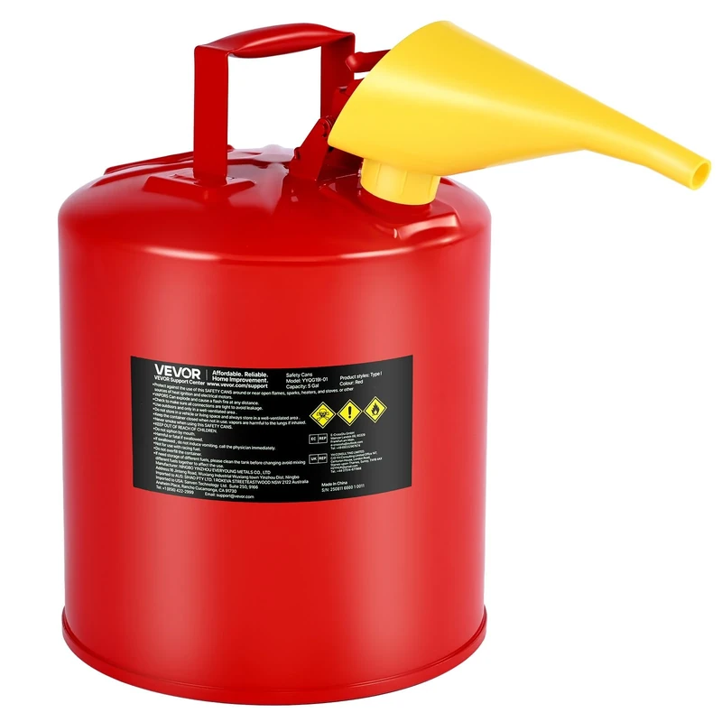 VEVOR Safety Gas Can, 5 Gallon Type I Red Safety Can for Gasoline with Stainless Steel Flame Arrester, Self-Closing Lid, and PE Funnel, Carbon Steel Flammable Storage Container with Ergonomic Handle