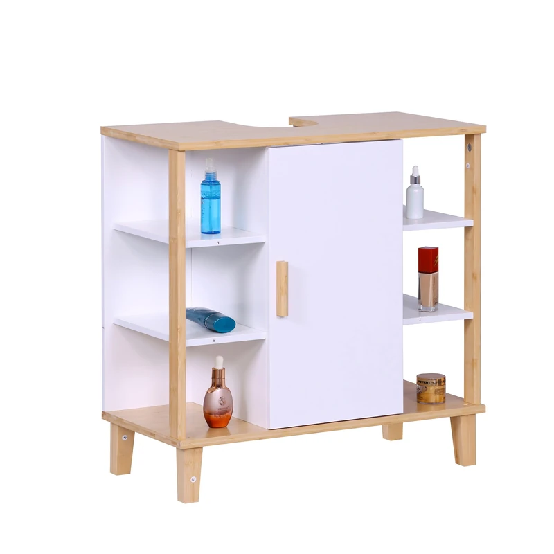 Relaxdays washbasin unit with door, 6 shelves HWD: 65x64x31 cm, bamboo & MDF, bathroom sink cabinet, white/natural
