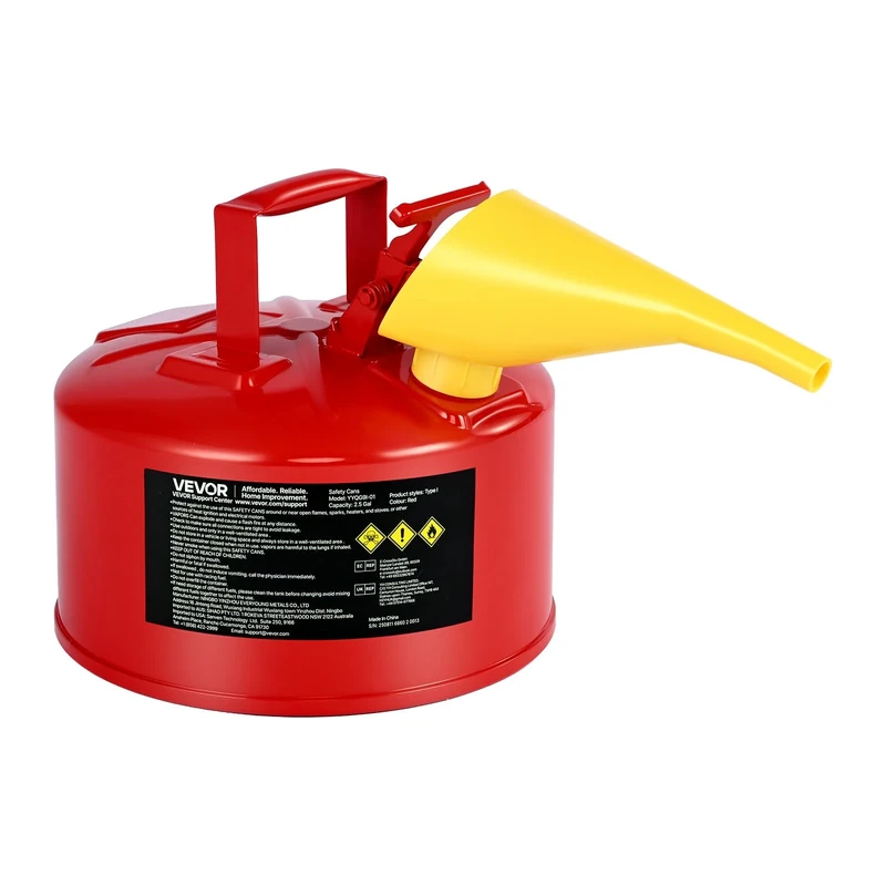 VEVOR Safety Gas Can, 2.5 Gallon Type I Red Safety Can for Gasoline with Stainless Steel Flame Arrester, Self-Closing Lid, and PE Funnel, Carbon Steel Flammable Storage Container with Ergonomic Handle