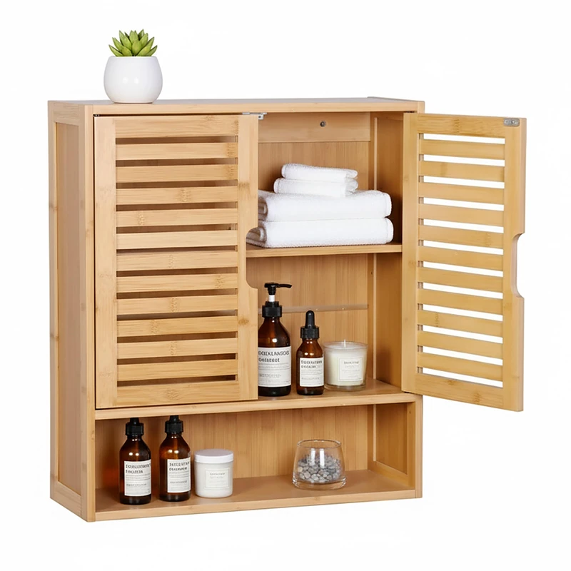 Relaxdays bathroom wall cabinet, 3 shelves, HWD: 66 x 59 x 21 cm, louvered doors, magnetic closure, slim, natural, 60% Fibreboard