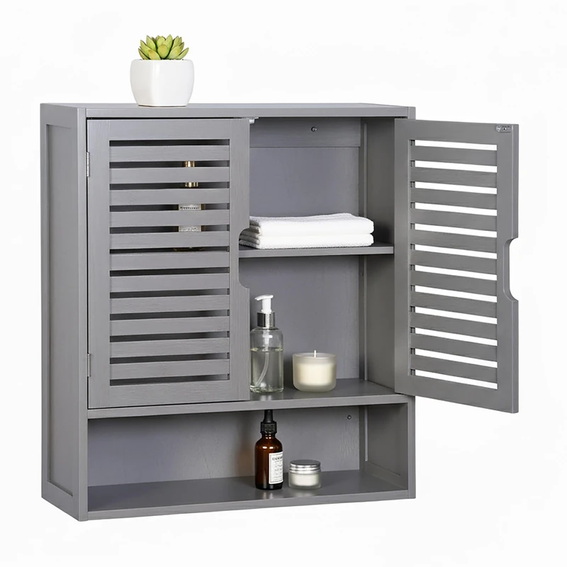 Relaxdays bathroom wall cabinet, 3 compartments, HWD: 66 x 59 x 21 cm, louvered doors, magnetic closure, slim, grey