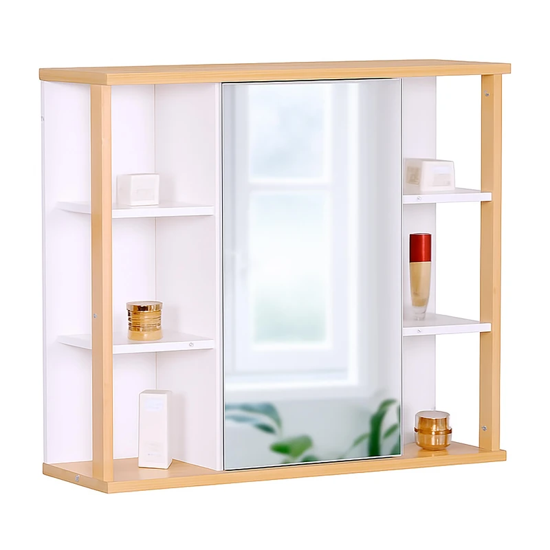 Relaxdays wall-mounted mirror cabinet, 6 shelves, 2 compartments, HxWxD: 64 x 62 x 21 cm, white/natural