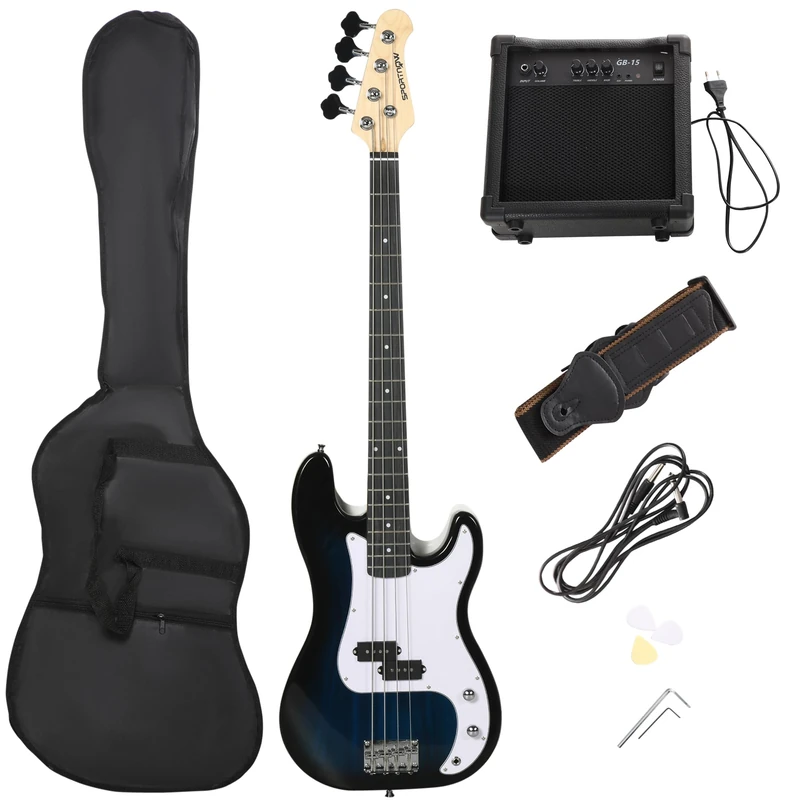SPORTNOW 4 String Electric Bass Guitar, Full Size for Beginner, Right Hand with Amp, Cable, Guitar Bag, Shoulder Strap, Picks, Wrench, Blue