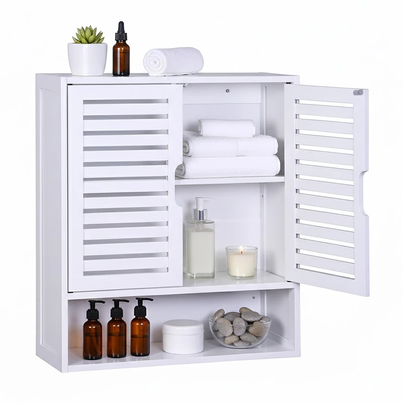 Relaxdays bathroom wall cabinet, 3 compartments, HWD: 66 x 59 x 21 cm, slatted doors, magnetic lock, slim design, white