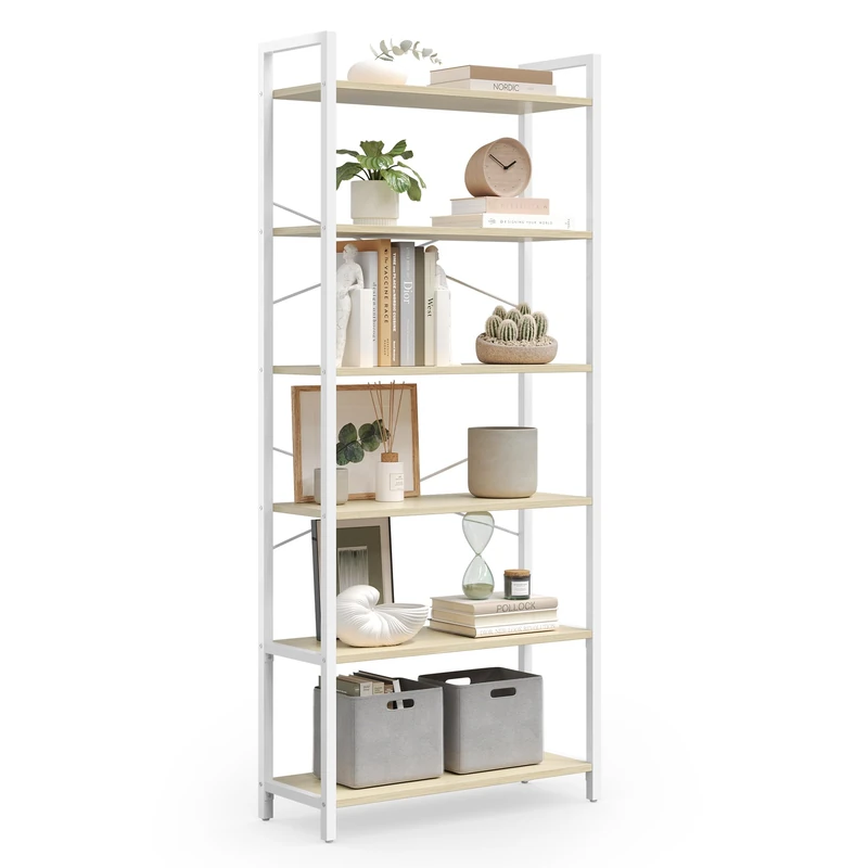 VASAGLE Bookcase, DVD Shelf, 6 Tier Office Shelf, Open Shelves for Office, Living Room, Bedroom, Kitchen, 30 x 64 x 185.5 cm, Natural Beige Matte White LLS062LL01