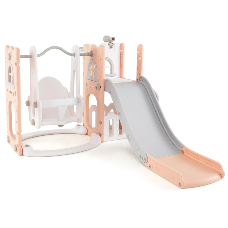 FANTASK 7-in-1 Children's Slide, Children's Slide with Climbing Frame, Swing, Basketball Hoop & Telescope, Montessori Slide Swing Indoor & Outdoor for Children from 1 Year (Pink + White)