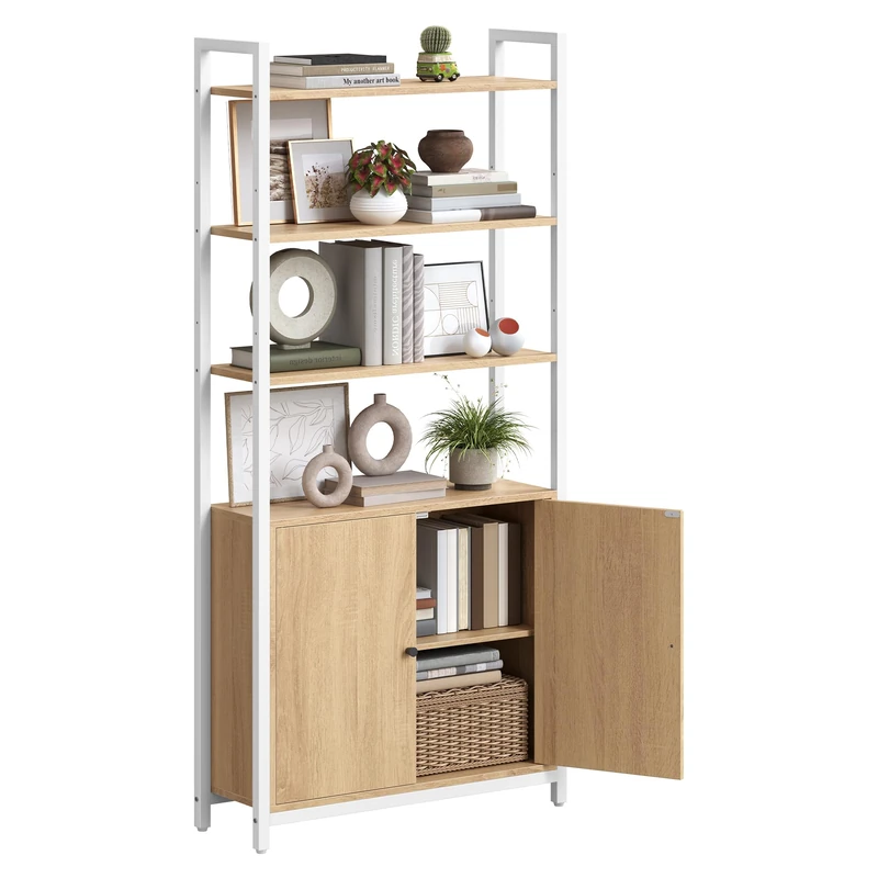 VASAGLE 6 Tier Vertical Bookcase with Door, Metal Frame, Adjustable Shelves, 24 x 60 x 159 cm, for Living Room, Bedroom, Oak Gold and Matt White LLS133YA01