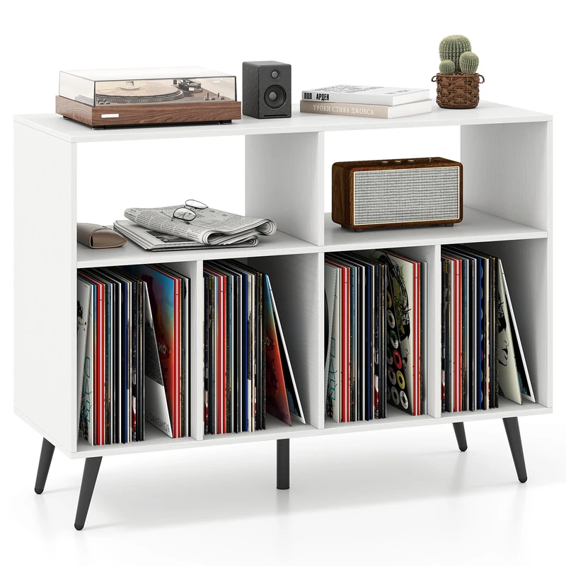 FANTASK Record Player Cabinet with 3-Tier Vinyl Shelf, Turntable Stand with Storage Compartments for Records, Retro Vinyl Storage Table for Living Room & Music Room, White