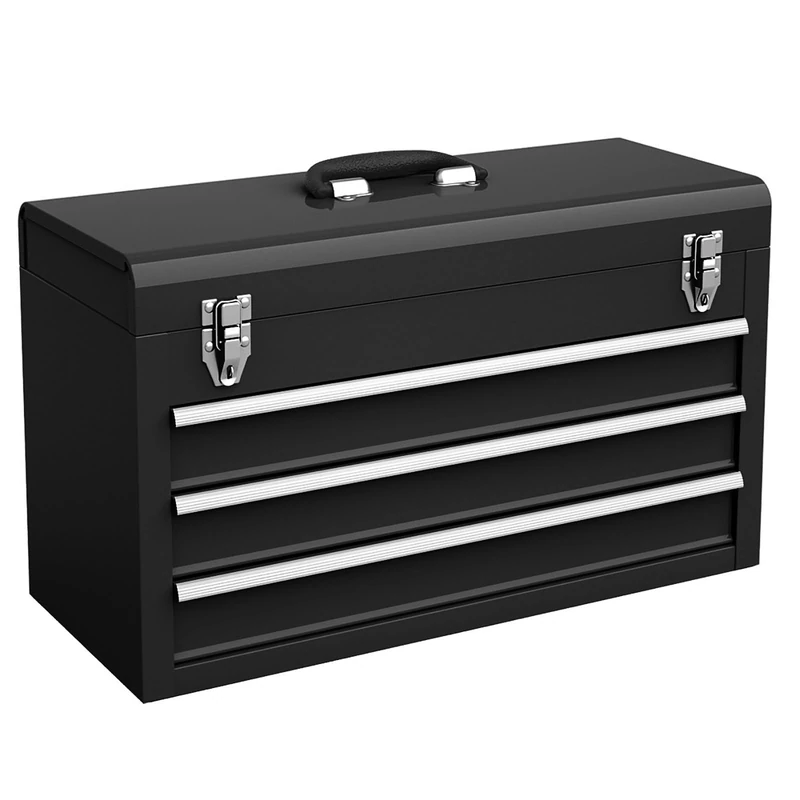 FANTASK Tool Box Metal with 3 Drawers & Top Compartment Heavy Duty Tool Box Portable for Workshop Garage Black