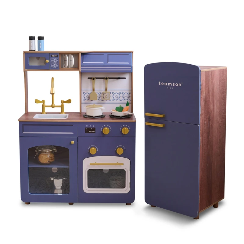 Teamson Kids Little Chef Normandy Wooden Play Kitchen, Soft Blue Modular Set with Separate Fridge, Sink, Click Knobs, Storage & 14 Accessories Included