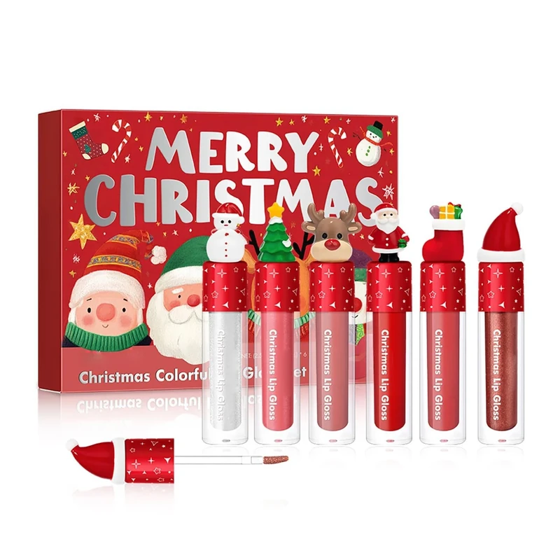 Christmas Lip Gloss Set, 6PC Lip Gloss for Girls, Moisturizing Hydrating Lips Glow Oil, Non Stick Cup, Long Lasting Waterproof Glossy Lipstick Set for Party Cosplay Make up Cosmetic for Women Girls
