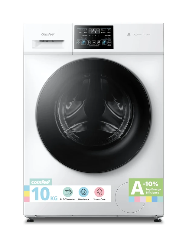 COMFEE' Freestanding Washing Machine,10KG Load,A-10% Class,Steam Care,BLDC Motor,Woolmark,Touch Panel,White-CFP03EW100W-UK