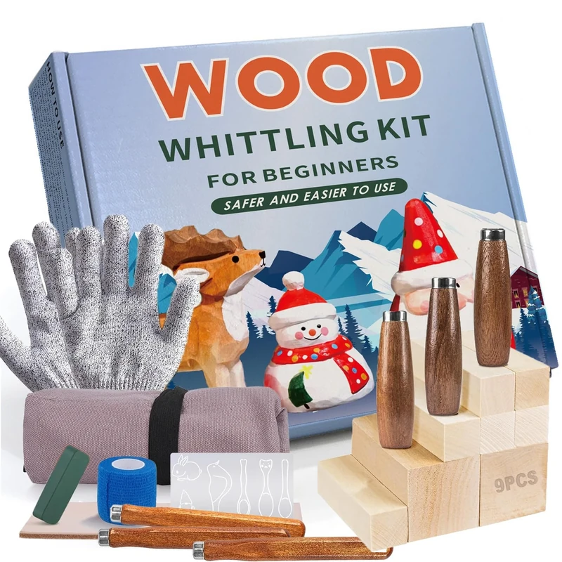 Wood Woodworking Tools Kit 21PCS Wood Woodworking Kit for Adults Beginners,6PCS Woodworking Tools and 9PCS Basswood Blocks, Gloves, Roll Bag, Durable Woodworking Tools Kit