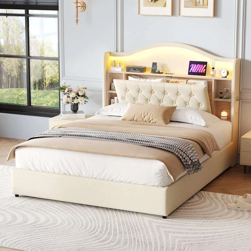Ball & Cast Double Bed Frames with 4ft6 Upholstered Wooden Two-shelf Storage Headboard, Charging Station,LED Lights, 135x190 cm Heavy Duty Metal Bed Frame, No Box Spring Needed, Noise Free,Beige