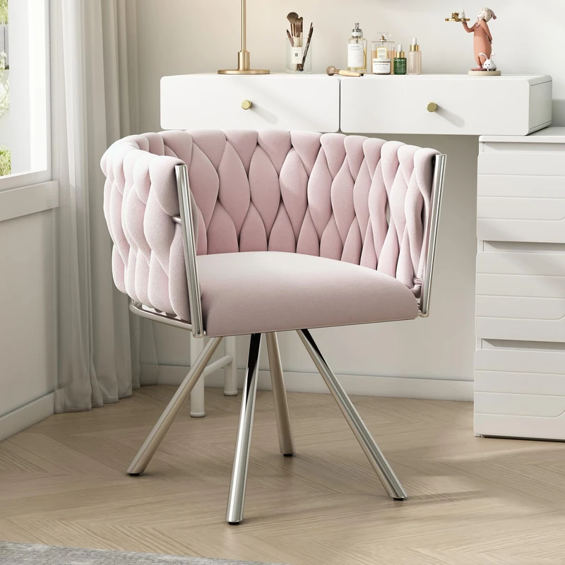 Ball & Cast 360° Swivel Dining Chair, Velvet Upholstered Desk Chairs without Wheels Ergonomic Office Chair with Arms and Metal Legs for Home Study (pink-rectangular pattern, 1PC)