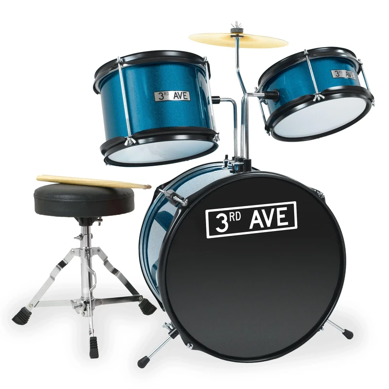 3rd Avenue Junior Kids Beginner Drum Kit, 3-Piece Drum Set with Cymbal, Stool and Sticks in Blue - FREE 6 Month Lessons