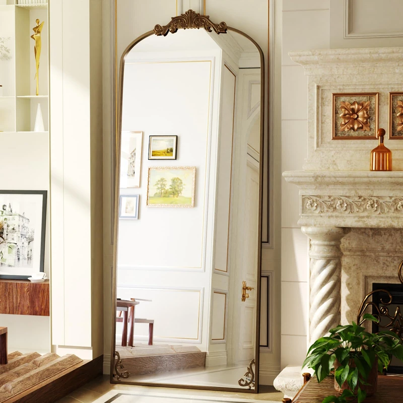 Koonmi Vintage Standing Mirror Full Length, 76x165 cm Shatterproof Gorgeous Floor Body Mirror with Beautiful Retro Engraving Process for Bedroom Hallway, Vintage