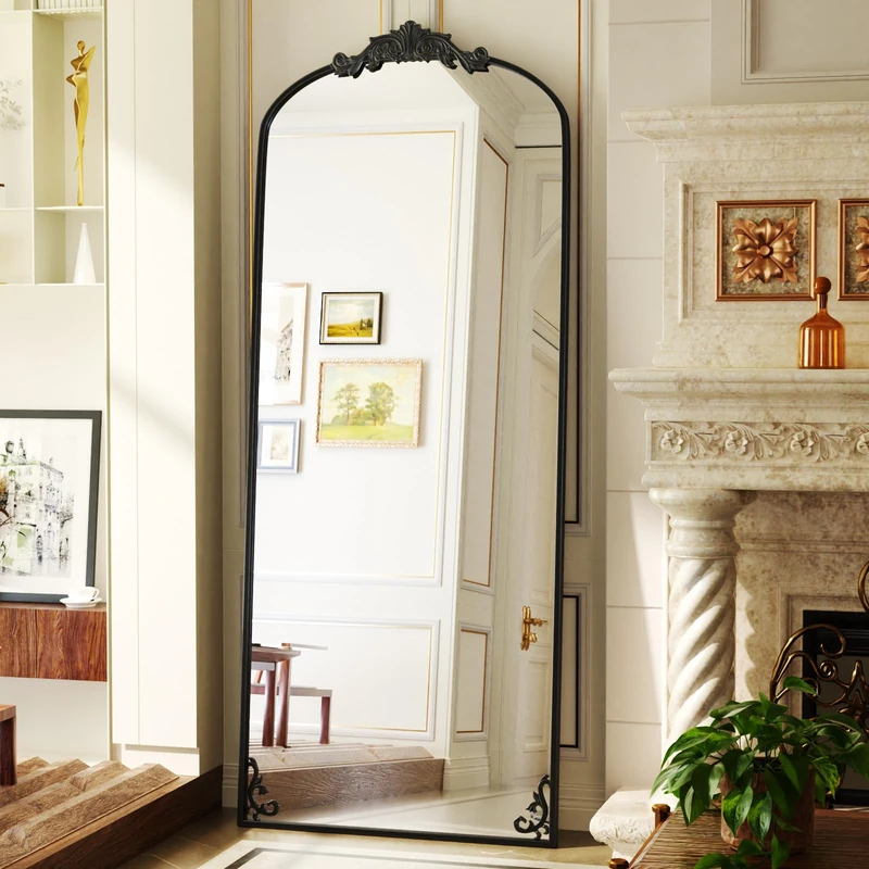 Koonmi Vintage Standing Mirror Full Length, 76x165 cm Shatterproof Gorgeous Floor Body Mirror with Beautiful Retro Engraving Process for Bedroom Hallway, Black