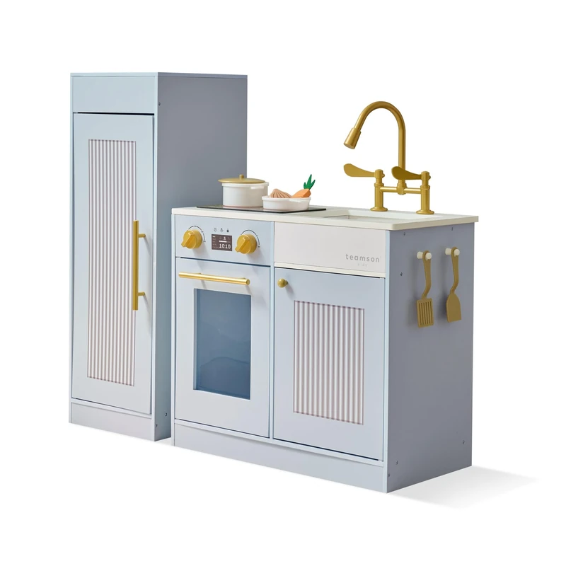 Teamson Kids Little Chef Chester Wooden Play Kitchen Set, Blue Two-Piece Layout with Separate Fridge, Sink Unit, Hanging Hooks, Storage & 12 Accessories Included