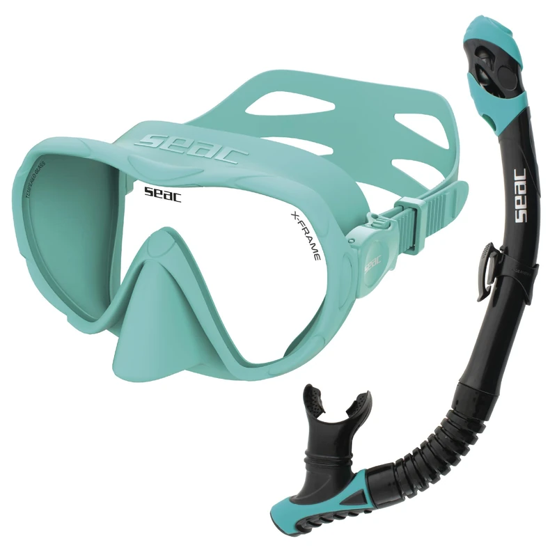SEAC Set Bis X-Frame Dry - Adult Snorkelling Set with Frameless Single-Lens Tempered Glass Mask and Dry-Top Snorkel | Silicone, Purge Valve and Ergonomic Mouthpiece for Scuba Diving and Snorkelling
