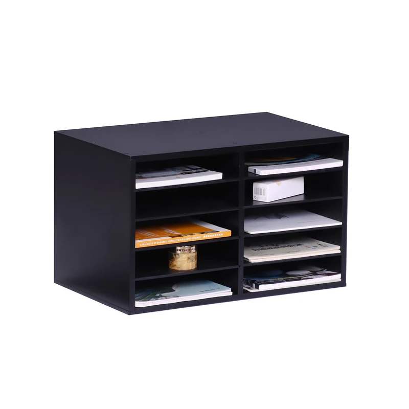 Relaxdays Bamboo Document Tray, A4, 10 Slots, Office, HxWxD: 31 x 49 x 31 cm, Desk Organizer, Black