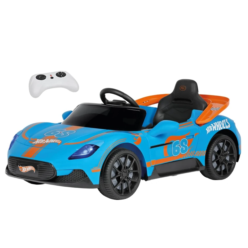 Peg Perego Hot Wheels RC Electric Ride On Car for Toddlers, 12V Battery Powered Toy Car with Remote Control & Manual Mode, Opening Doors, Lights & Sounds, Ages 18+ Months, Blue