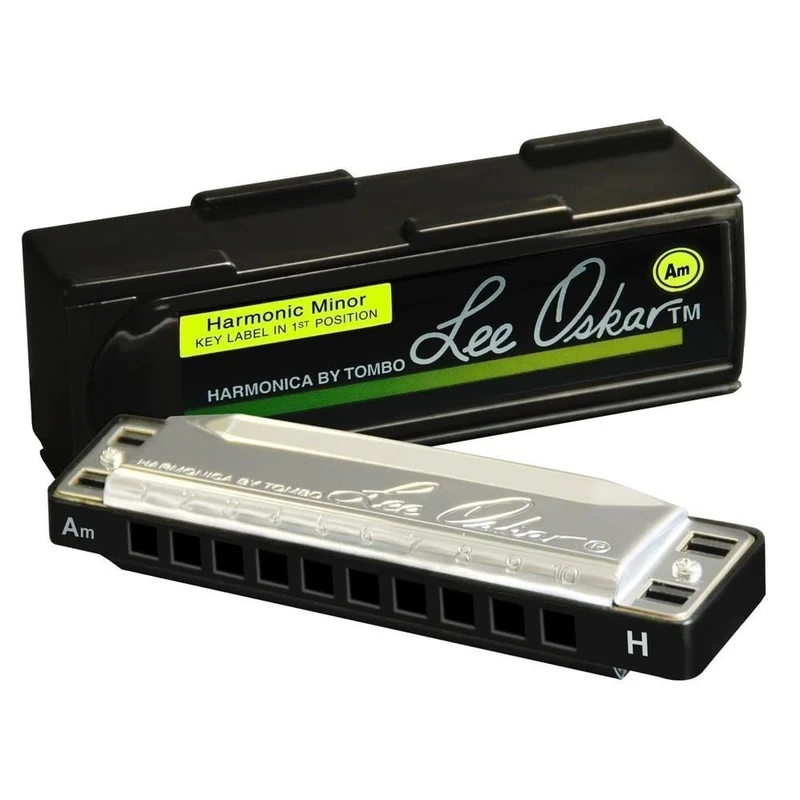 Lee Oskar Harmonic Minor Harmonica in Low E Minor for ethnic, folk, gypsy, and Eastern European music - 10-hole diatonic - brass reed plates - includes plastic case
