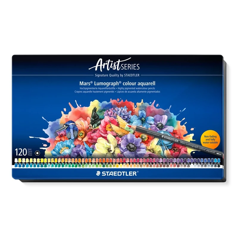 STAEDTLER Watercolour Pencil - 120 Assorted Colours - Mars Lumograph Colour Aquarell - Tin of 120, 104 M120